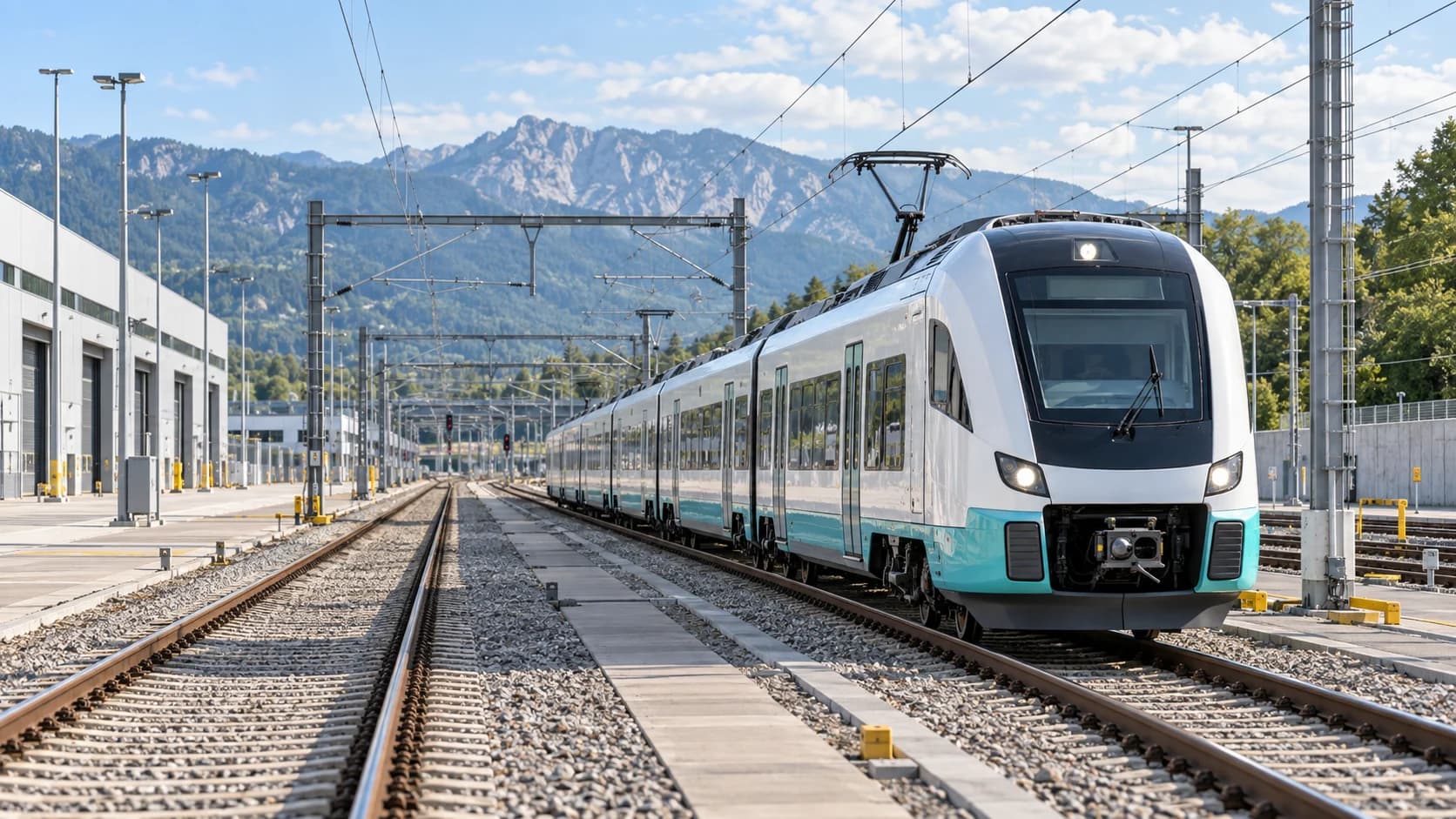 Illustrative image of an electric passenger train at a railway maintenance facility